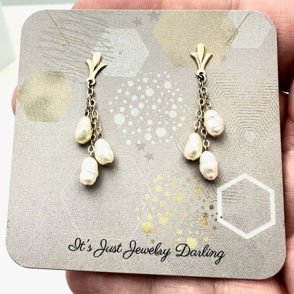 Womens Earrings 14K Yellow Gold Pearl Drop 1 1/4 Inch Chandelier Pierced Gift fo - Picture 4 of 4